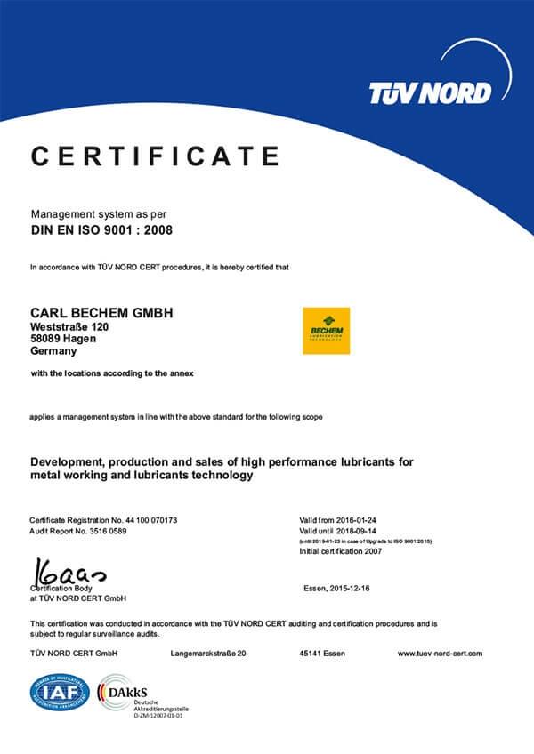 ISO-9001 Quality Certificate Carl Bechem Hagen