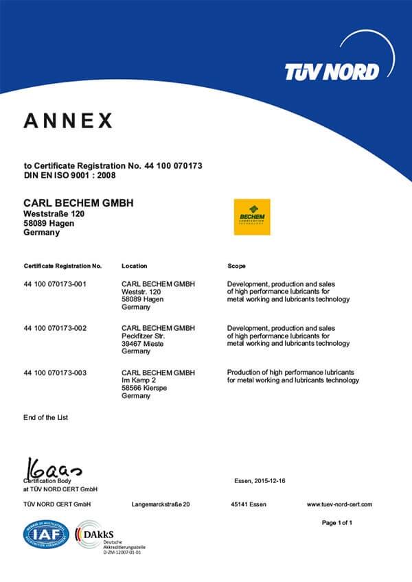 ISO-9001 Quality Certificate Carl Bechem Hagen