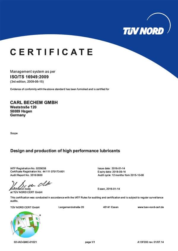 ISO TS 16949 Quality Certificate Carl Bechem Hagen